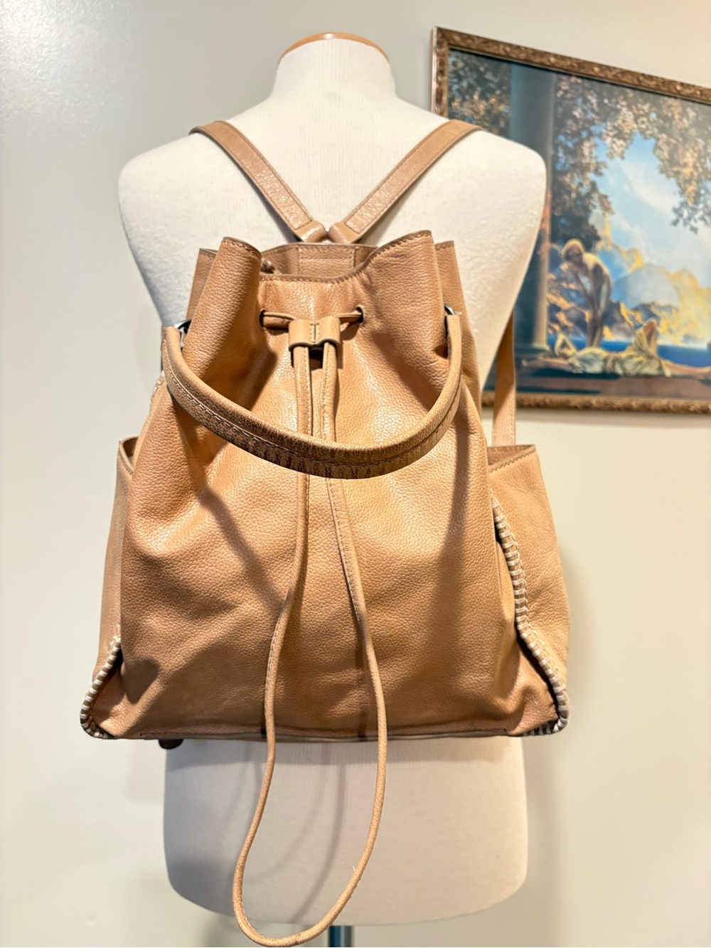 Frye Joy Camel Leather Convertible Drawstring Backpack
